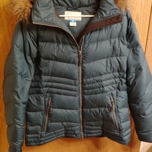 Women's Dark Teal Puffer Jacket with Faux Fur Hood